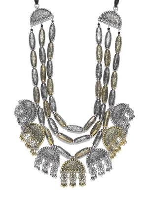 Infuzze Antique Gold-Toned & Oxidised Silver-Toned Textured Layered Afghan Necklace 3