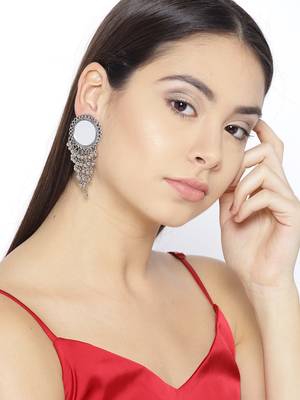 Infuzze Oxidised Silver-Toned Mirror-Work Circular Drop Earrings 1