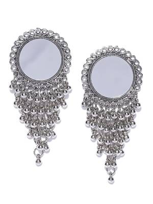 Infuzze Oxidised Silver-Toned Mirror-Work Circular Drop Earrings 3