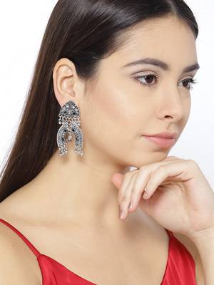 Infuzze Oxidised Silver-Toned & Black Textured Classic Drop Earrings 2