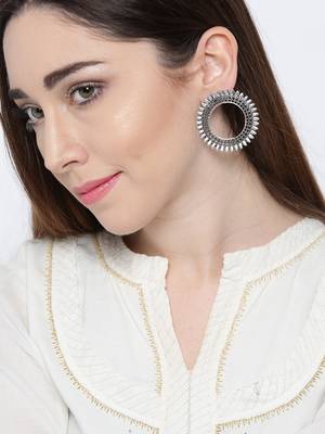 Infuzze Oxidised Silver-Toned Circular Drop Earrings 2