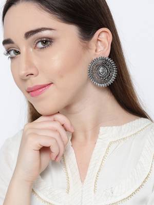 Infuzze Oxidised Silver-Toned Textured Circular Drop Earrings 2