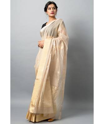 Stunning light biege hue with gold & silver zari work cow motifs and golden zari border 2