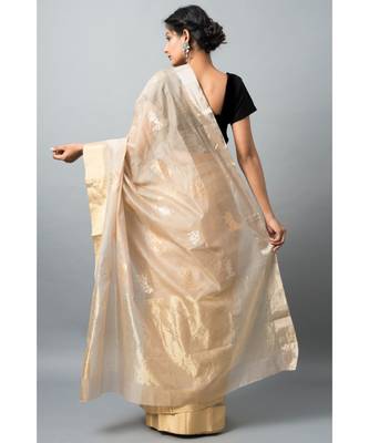Stunning light biege hue with gold & silver zari work cow motifs and golden zari border 3