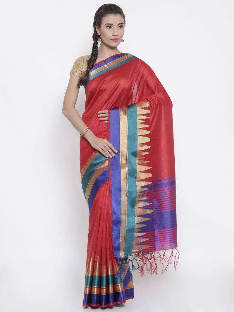 CLASSICATE from the house of The Chennai Silks Women's Red Dupion Saree With Blouse Piece