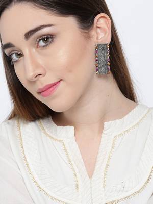 Infuzze Oxidised Silver-Toned & Pink Stone-Studded Rectangular Drop Earrings 2