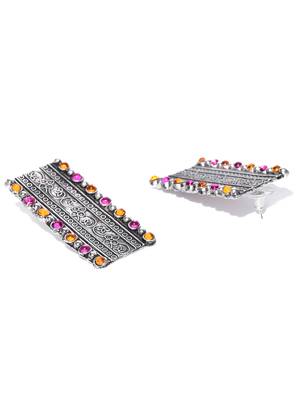 Infuzze Oxidised Silver-Toned & Pink Stone-Studded Rectangular Drop Earrings 3