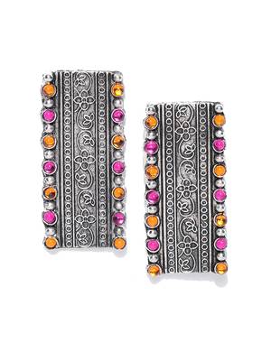 Infuzze Oxidised Silver-Toned & Pink Stone-Studded Rectangular Drop Earrings 4