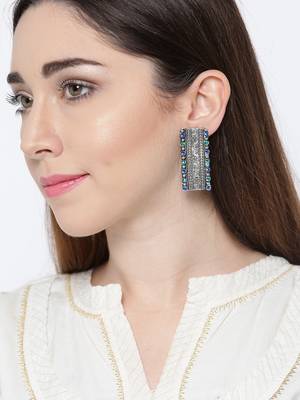 Infuzze Oxidised Silver-Toned & Blue Beaded & Textured Rectangular Drop Earrings 2