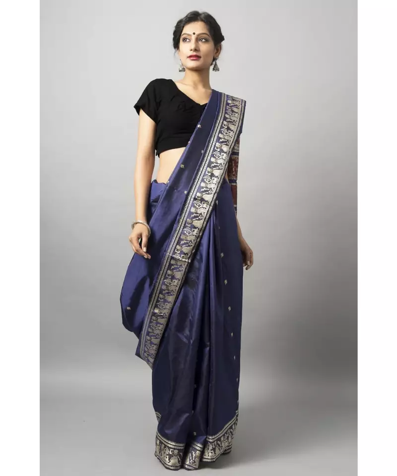 Deep blue baluchari with gold zari and meenakari work