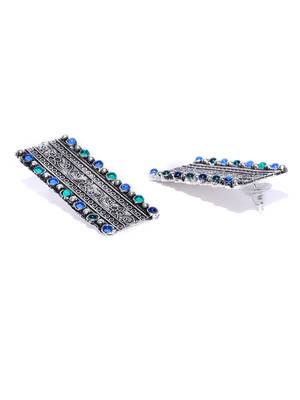 Infuzze Oxidised Silver-Toned & Blue Beaded & Textured Rectangular Drop Earrings 3