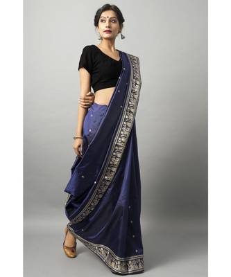 Deep blue baluchari with gold zari and meenakari work 2