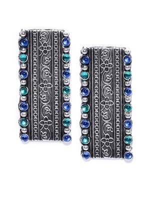 Infuzze Oxidised Silver-Toned & Blue Beaded & Textured Rectangular Drop Earrings 4