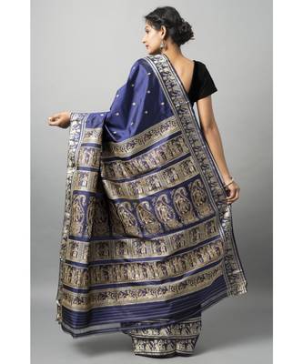 Deep blue baluchari with gold zari and meenakari work 3