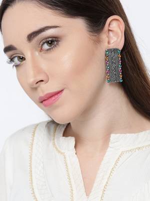 Infuzze Oxidised Silver-Toned & Pink Beaded & Textured Rectangular Drop Earrings 2