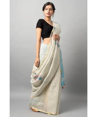Linen silk Jamdani with delicate gold border and dragon fly motif in jamdani 1
