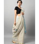 Linen silk Jamdani with delicate gold border and dragon fly motif in jamdani