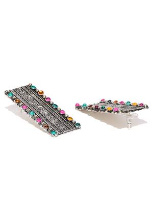 Infuzze Oxidised Silver-Toned & Pink Beaded & Textured Rectangular Drop Earrings 3