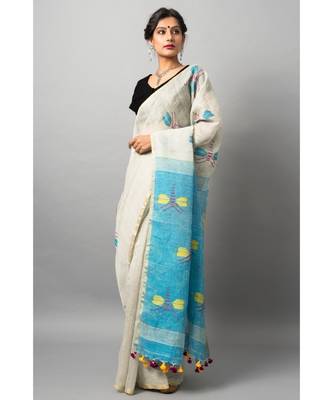 Linen silk Jamdani with delicate gold border and dragon fly motif in jamdani 2