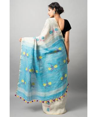 Linen silk Jamdani with delicate gold border and dragon fly motif in jamdani 3