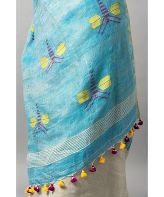 Linen silk Jamdani with delicate gold border and dragon fly motif in jamdani 4