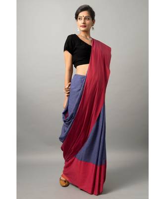 Khadi cotton saree with chic color combination of deep blue and red 1