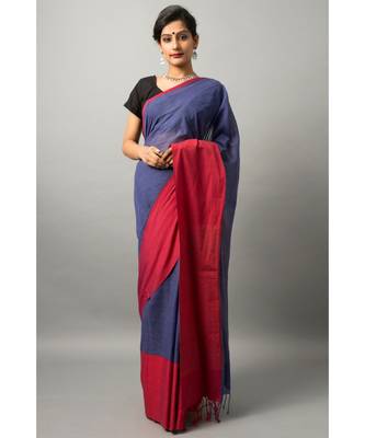 Khadi cotton saree with chic color combination of deep blue and red 2