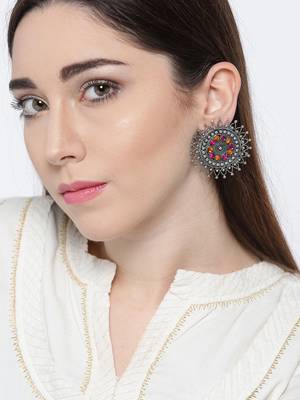 Infuzze Oxidised Silver-Toned & Pink Beaded Circular Drop Earrings 2