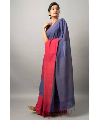 Khadi cotton saree with chic color combination of deep blue and red 3