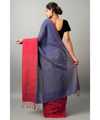 Khadi cotton saree with chic color combination of deep blue and red 4