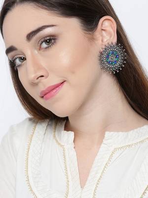 Infuzze Oxidised Silver-Toned & Blue Beaded Circular Drop Earrings 2