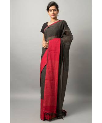 Khadi cotton saree with chic color combination of deep black and red 1