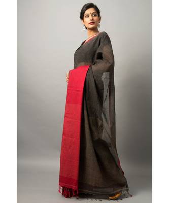 Khadi cotton saree with chic color combination of deep black and red 2