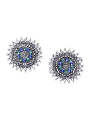 Infuzze Oxidised Silver-Toned & Blue Beaded Circular Drop Earrings 4