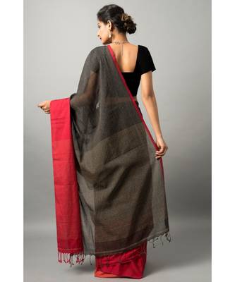 Khadi cotton saree with chic color combination of deep black and red 3