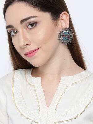 Infuzze Oxidised Silver-Toned & Blue Stone-Studded Circular Oversized Studs 2