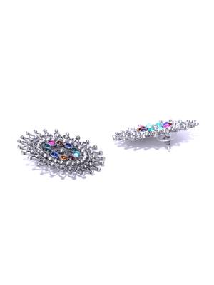 Infuzze Oxidised Silver-Toned & Blue Stone-Studded Circular Oversized Studs 3