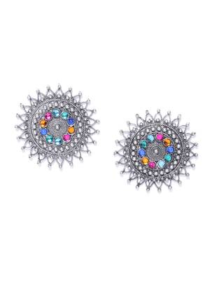 Infuzze Oxidised Silver-Toned & Blue Stone-Studded Circular Oversized Studs 4
