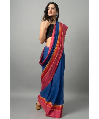 Khadi cotton saree with unique color combination of blue and orange with gold threadwork 1