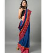 Khadi cotton saree with unique color combination of blue and orange with gold threadwork