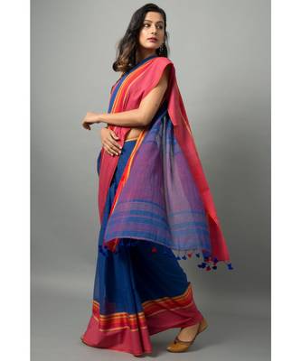 Khadi cotton saree with unique color combination of blue and orange with gold threadwork 2