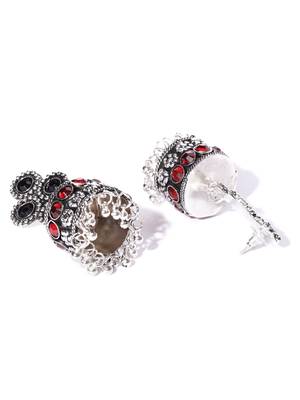 Infuzze Black & Red Oxidised Silver-Toned Stone-Studded Dome Shaped Drop Earrings 2