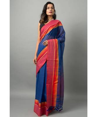 Khadi cotton saree with unique color combination of blue and orange with gold threadwork 3