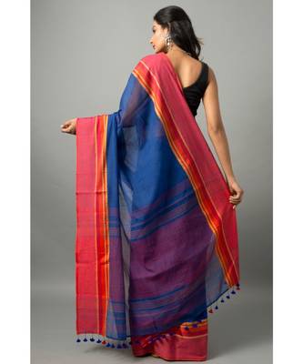 Khadi cotton saree with unique color combination of blue and orange with gold threadwork 4
