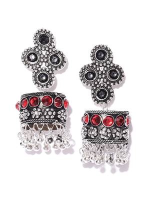 Infuzze Black & Red Oxidised Silver-Toned Stone-Studded Dome Shaped Drop Earrings 1
