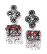 Infuzze Black & Red Oxidised Silver-Toned Stone-Studded Dome Shaped Drop Earrings