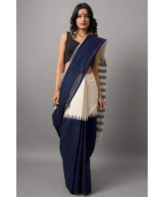 Khadi cotton saree gorgeous in stripes and tassels along the pallu 1