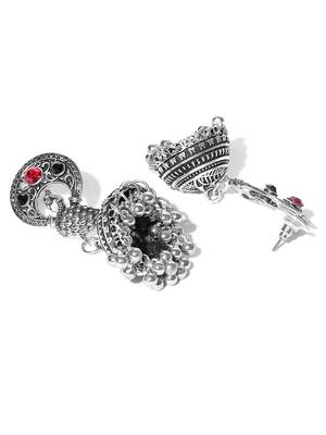 Infuzze Oxidised Silver-Toned & Red Peacock Shaped Jhumkas 2