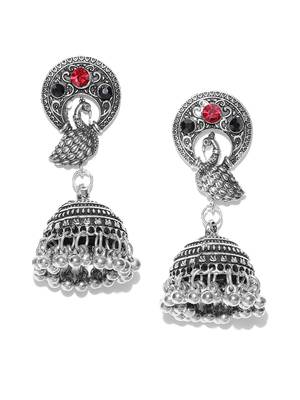 Infuzze Oxidised Silver-Toned & Red Peacock Shaped Jhumkas 1