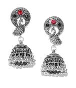 Infuzze Oxidised Silver-Toned & Red Peacock Shaped Jhumkas